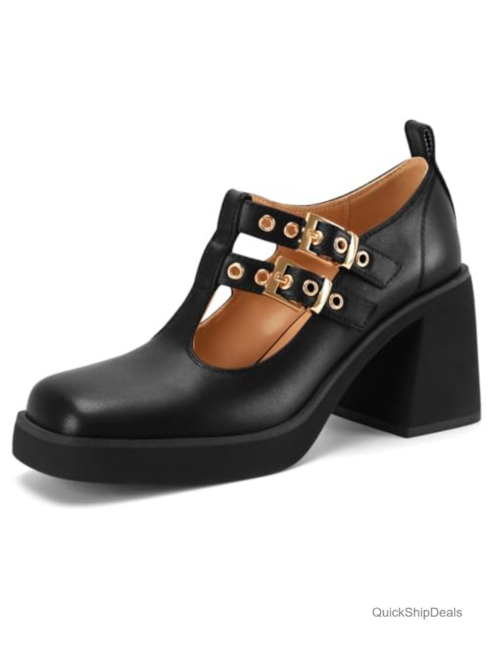 Women's T-Strap Mary Jane Platform Square Toe Oxford Heels Faux Leather Block